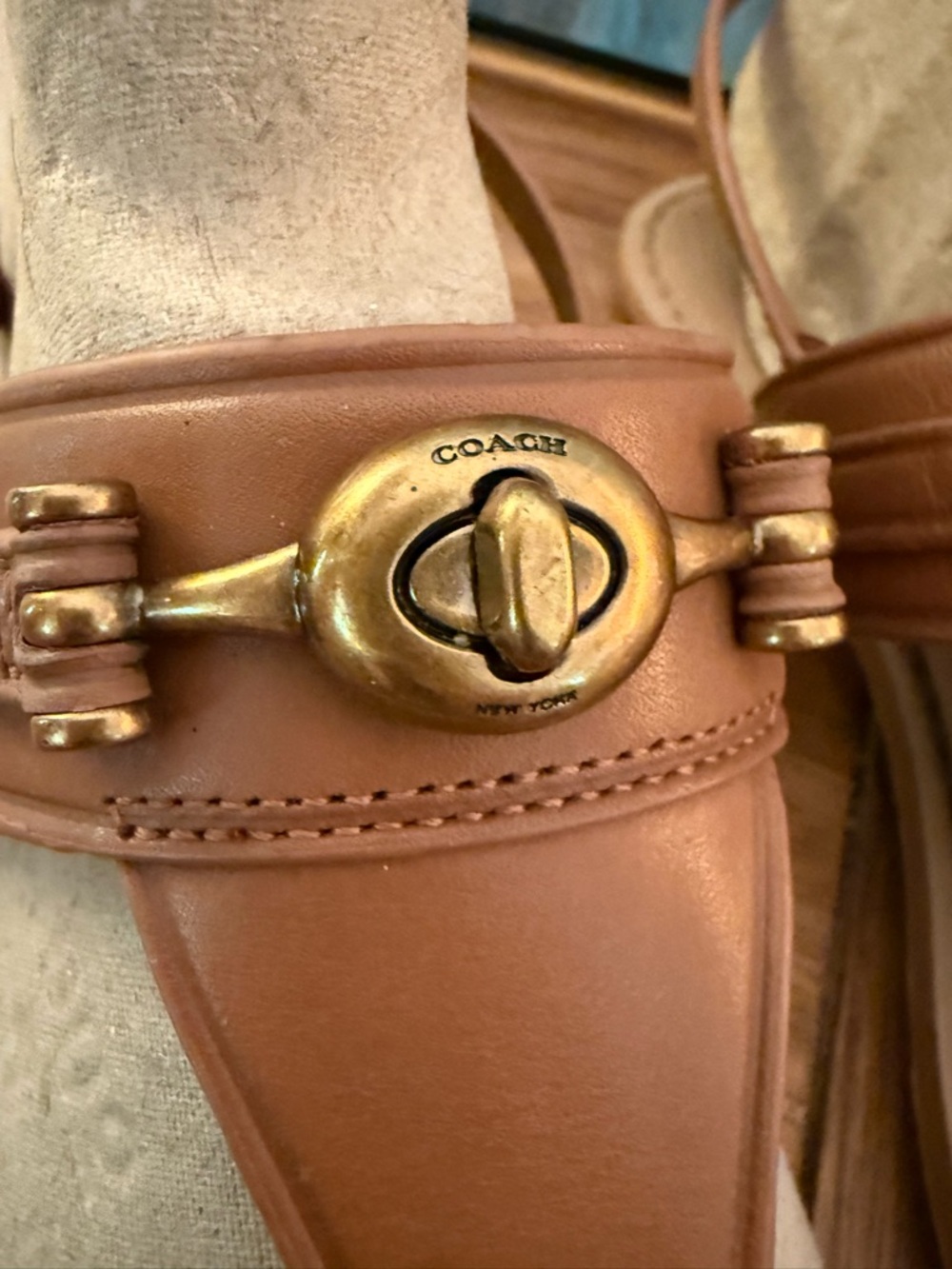 Coach Women’s Candace Tan Leather T-Strap Sandals with Gold Accent - Picture 2 of 9
